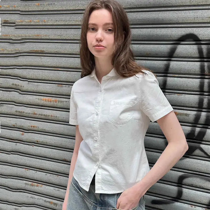 

QWEEK White Loose Basic Short Sleeve Shirt Woman Preppy Sweet Button Up Blouse Summer Casual Chic Youthful Korean Fashion 2024