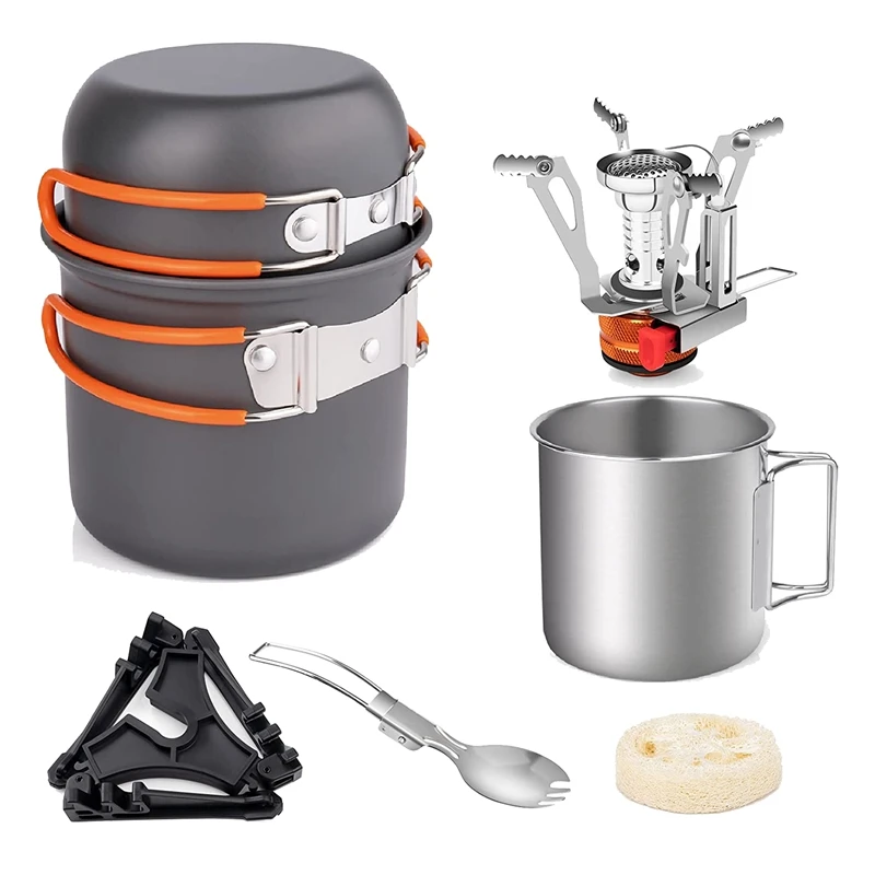 Camping Pot And Pan Set With Mini Backpacking Stove Cooking Gear For Outdoor Hiking Campfire