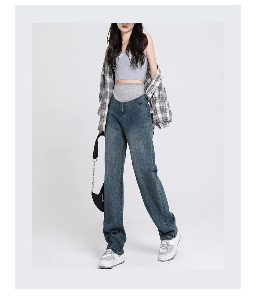 maternity jeans photoshoot Spring Autumn Korean Version High Waist Slimming Retro Mopping Straight Pants pregnant women clothing