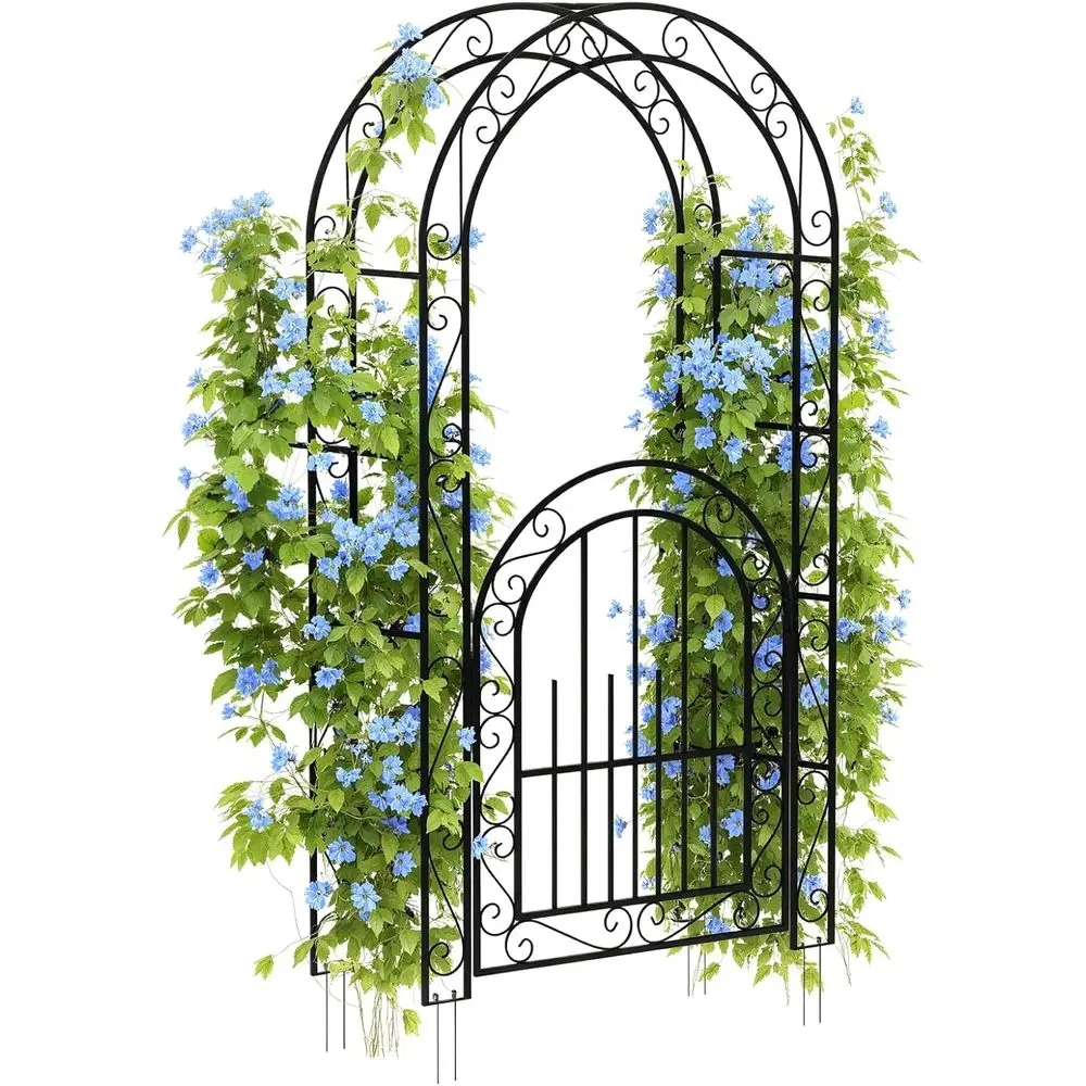 

7 FT Elegant Garden Trellis & Wedding Arch with Gate - Romantic Metal Garden Arch for Climbing Roses & Flowers, Decorative Iron