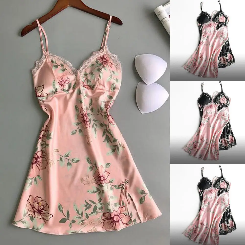 

Women Sexy V-neck Floral Print Lingerie Babydoll Nightdress Lace Satin Silk Sleeveless Backless Robe Dress Nightgown Sleepwear
