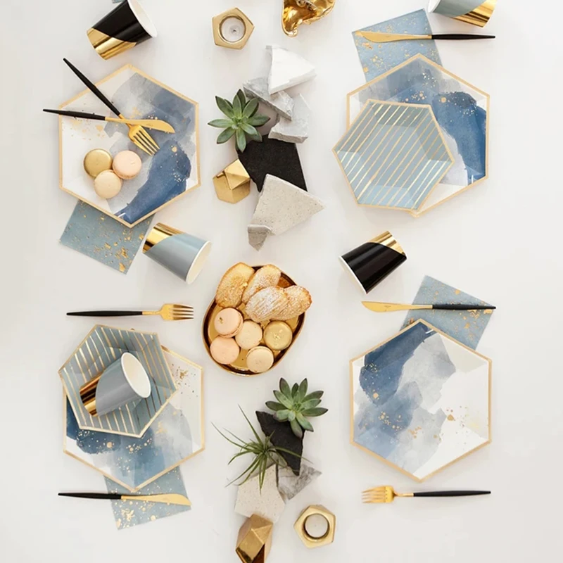 أدوات مائدة زرقاء بألوان مائية للاستعمال مرة واحدة ، رقائق ذهبية ، أطباق ورقية مخططة ، أكواب ، منديل ، عيد ميلاد ، لوازم حفلات الزفاف ، ديكور الذكرى السنوية