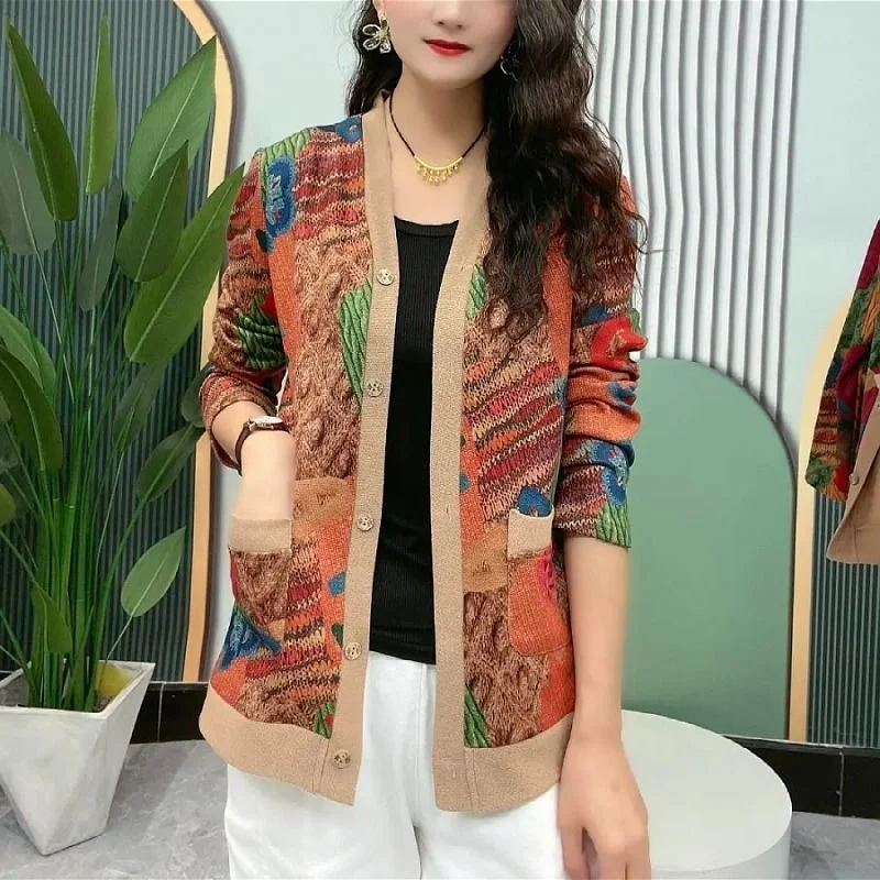 Women Knitted Sweater High-densit Thin Velvet Cardigan Spring Autumn Mother\'s Short Jacket, 2023 Vintage Long Sleeved Printing