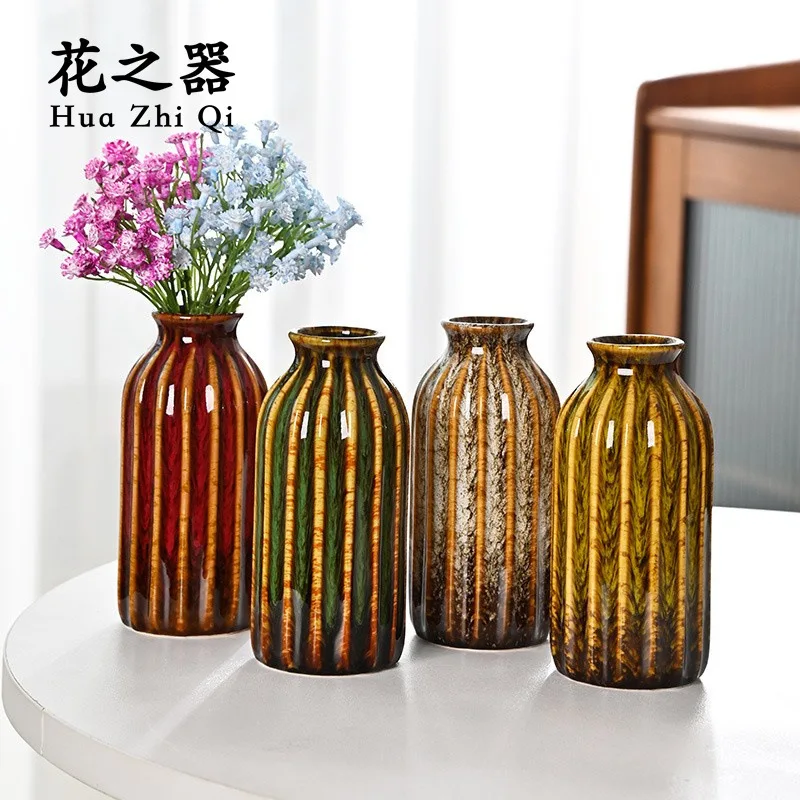 

Kiln Vase Striped Ceramic Art Vase Hydroponic Home Living Room Real Flower Decoration Ornaments Dining Table Hallway Decoration