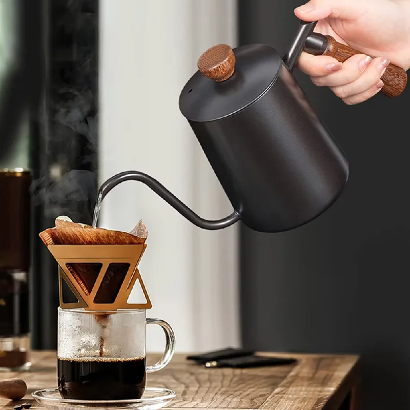 

600ml Stainless Steel Gooseneck Pot Wooden Handle Long Spout Kettle Drip Home Office Brewing Household Pot Sealing Lid Stovetop