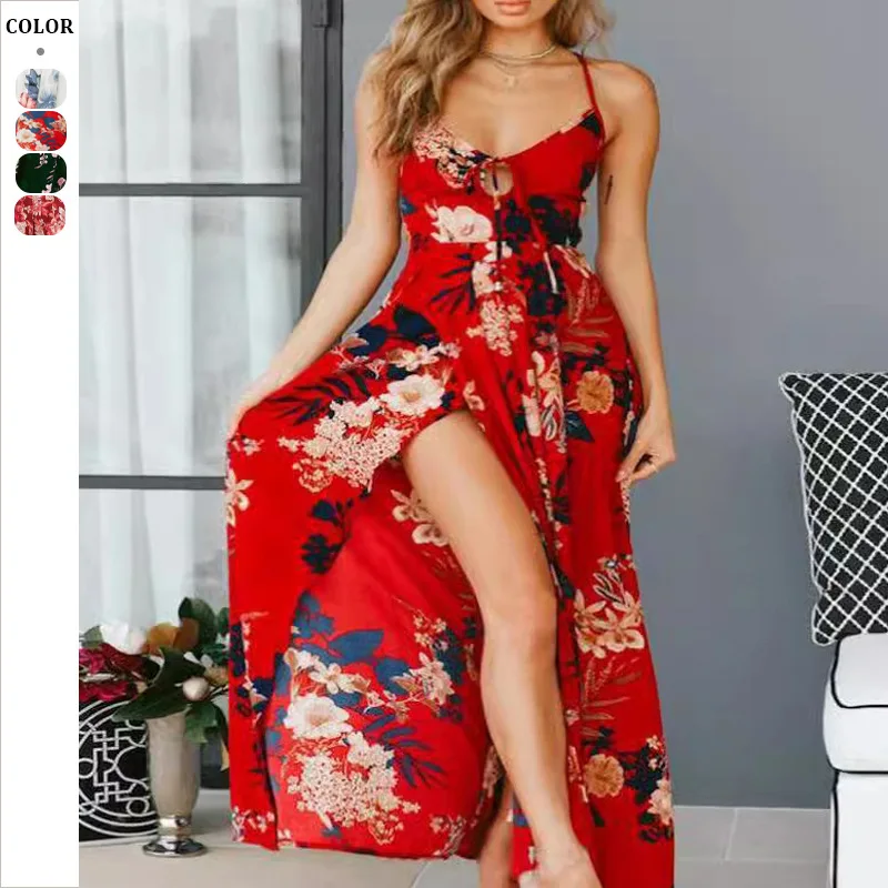 

Spring And Summer New Dress Printed Pendulum Split Slim Fit Suspender Low-cut Dress