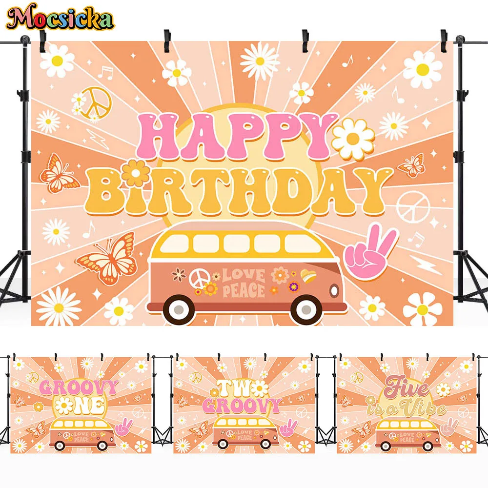 

Mocsicka Groovy Birthday Backdrop Daisy Love and Peace Baby 1st & 2nd Birthday Party Decor Photo Background Custom Banner Studio