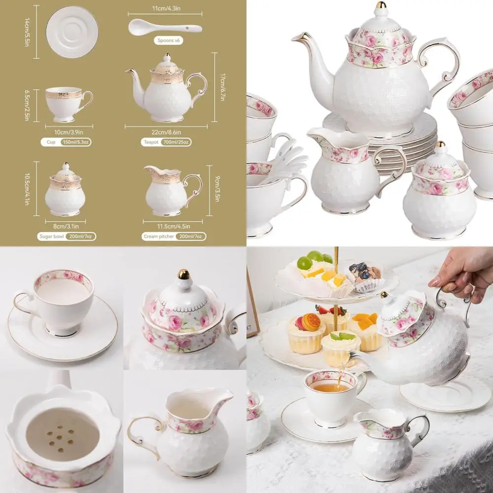 

Винтажный фарфоровый чайный сервиз с цветочной отделкой и золотой отделкой, 21 предмета, сервиз на 6 чашек, чашки для рассыпного чая, сахарница, сливочник с кувшином и Sp