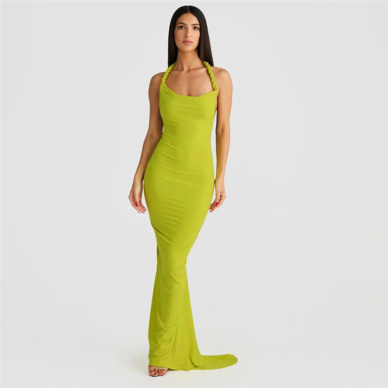 Sexy longue robe de soirée femmes printemps été nouveau Sle suspendu Ne Bal plissé moulante Dr européen Sle tenue décontracté