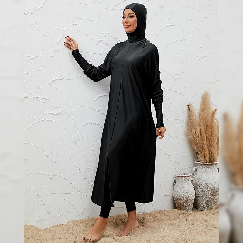 Costumi da bagno per Hijabis Nero a copertura totale Manica lunga Costumi da bagno musulmani Protezione solare Burkini 3 pezzi Set Burkini islamico