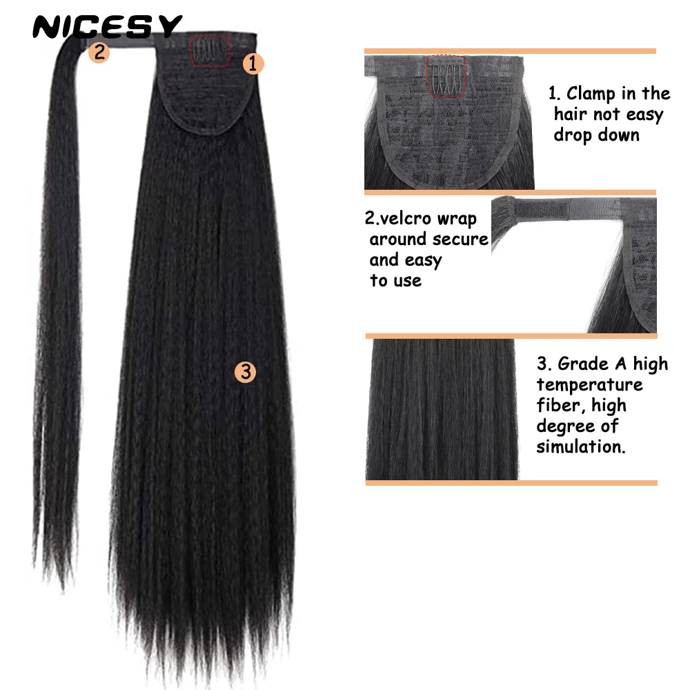 Synthetic Straight Long Yaki Ponytail Hair Extension 24 Inch Magic Paste Heat Resistant Wrap Around Ponytail for Black Women