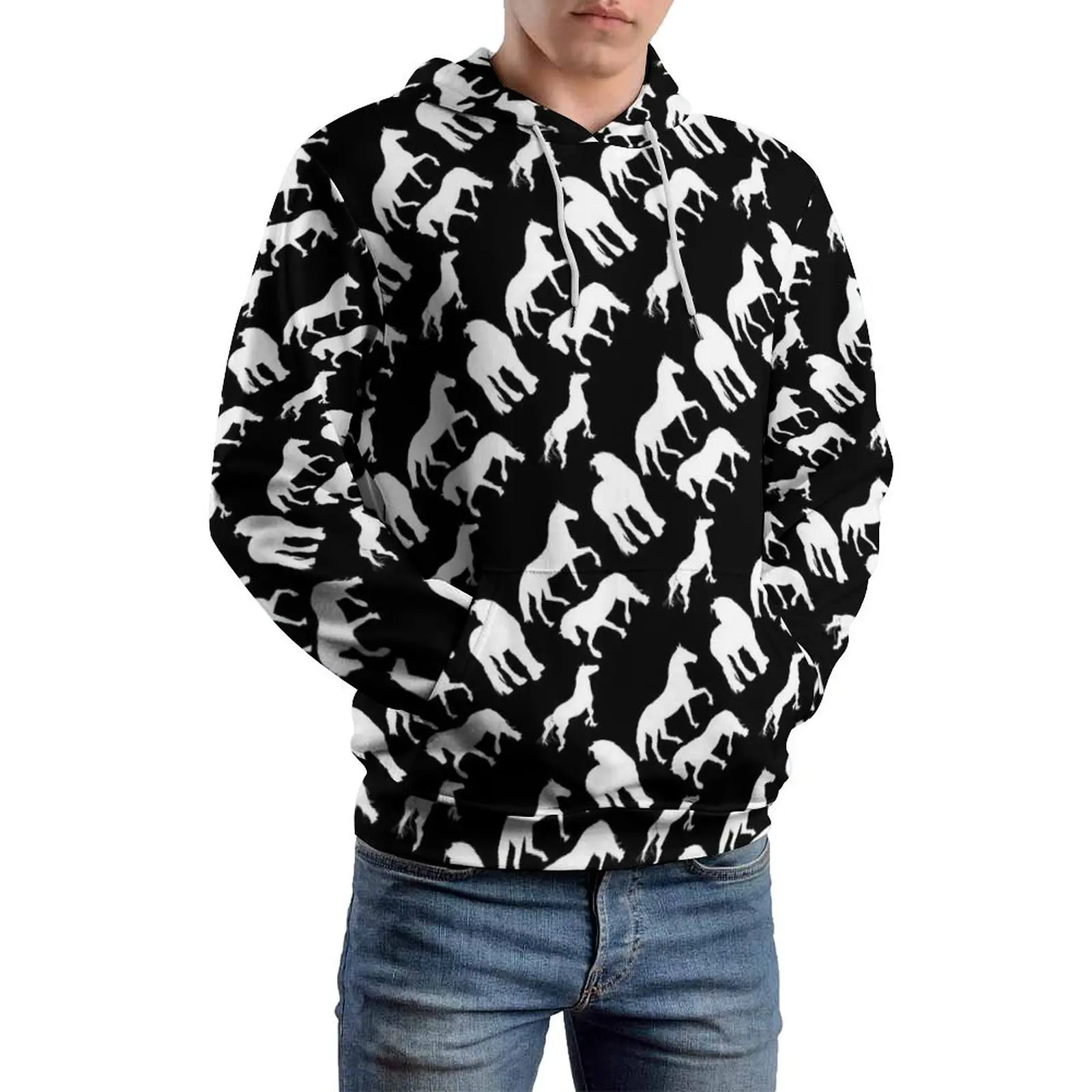 White Horse Casual Hoodies Long Sleeve Animal Print Y2k Hoodie Autumn Loose Printed Oversized Tops