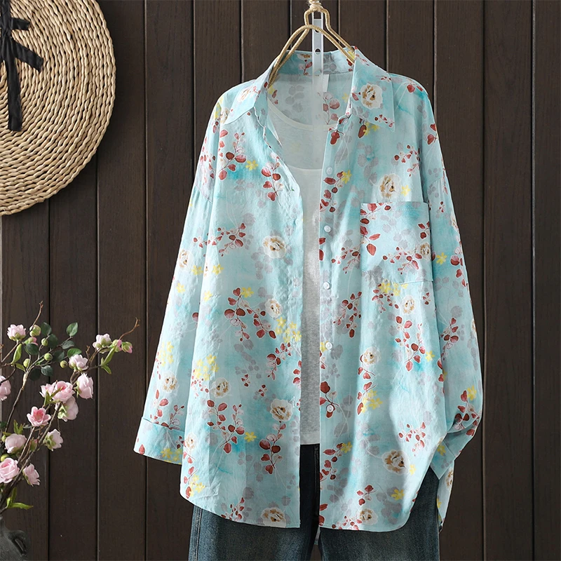 Alta qualidade algodão linho longo sve floral impressão casual irt coreano sle único botão quali topo feminino faion primavera