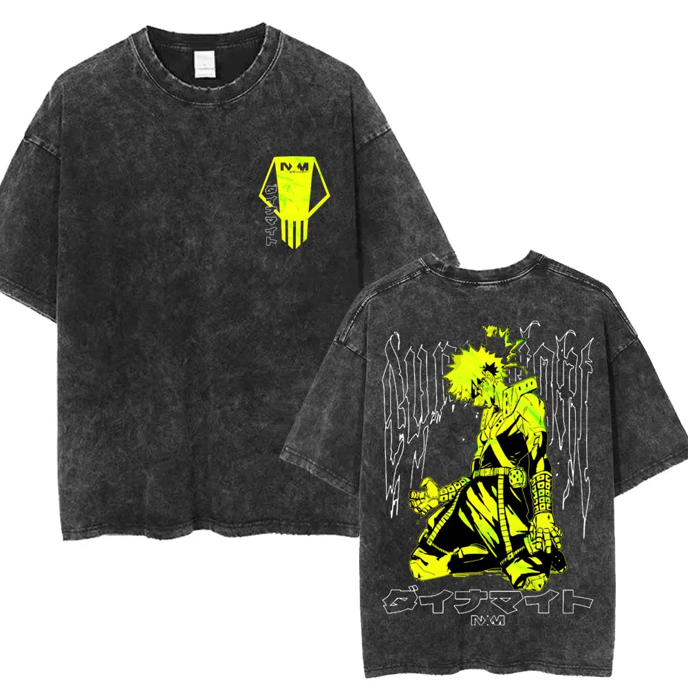 Anime My Hero Academia Bakugo Katsuki Washed T-shirt Men Woman Harajuku Manga T Shirts Cotton Oversized Short Sleeve Streetwear