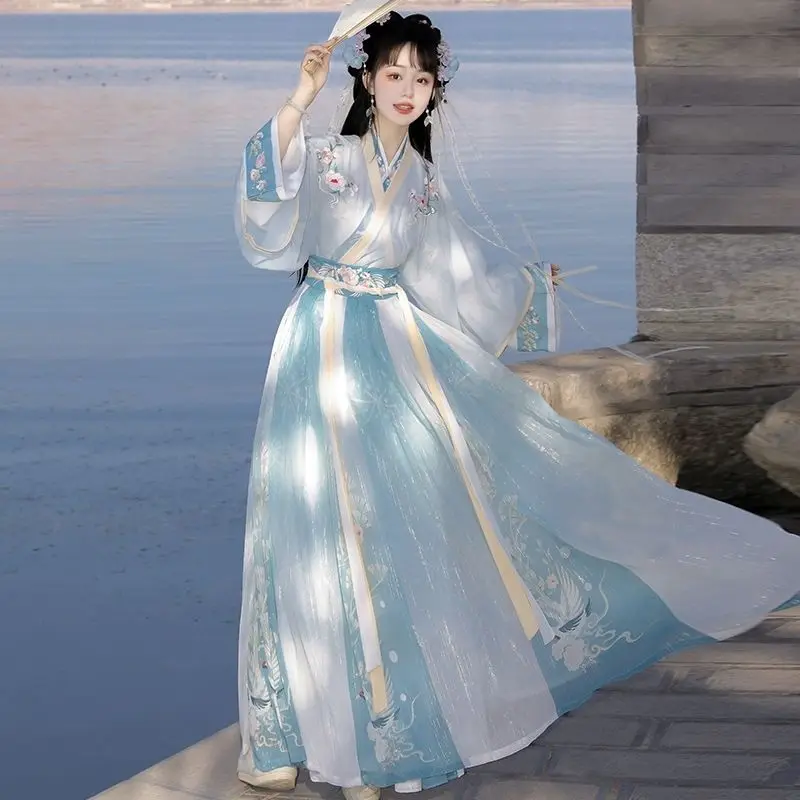

New Chinese Princess Dress Suit Embroidered and Print Blended Hanfu Daily Style Tailored Palace Style Girl's Pink Blue Han Set