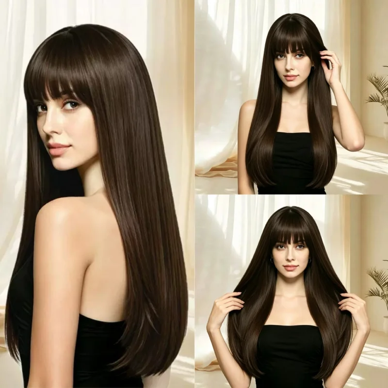 Women's wig with medium-long , collarbone-length, air bangs, naturally voluminous short hair, face-slimming for round faces,
