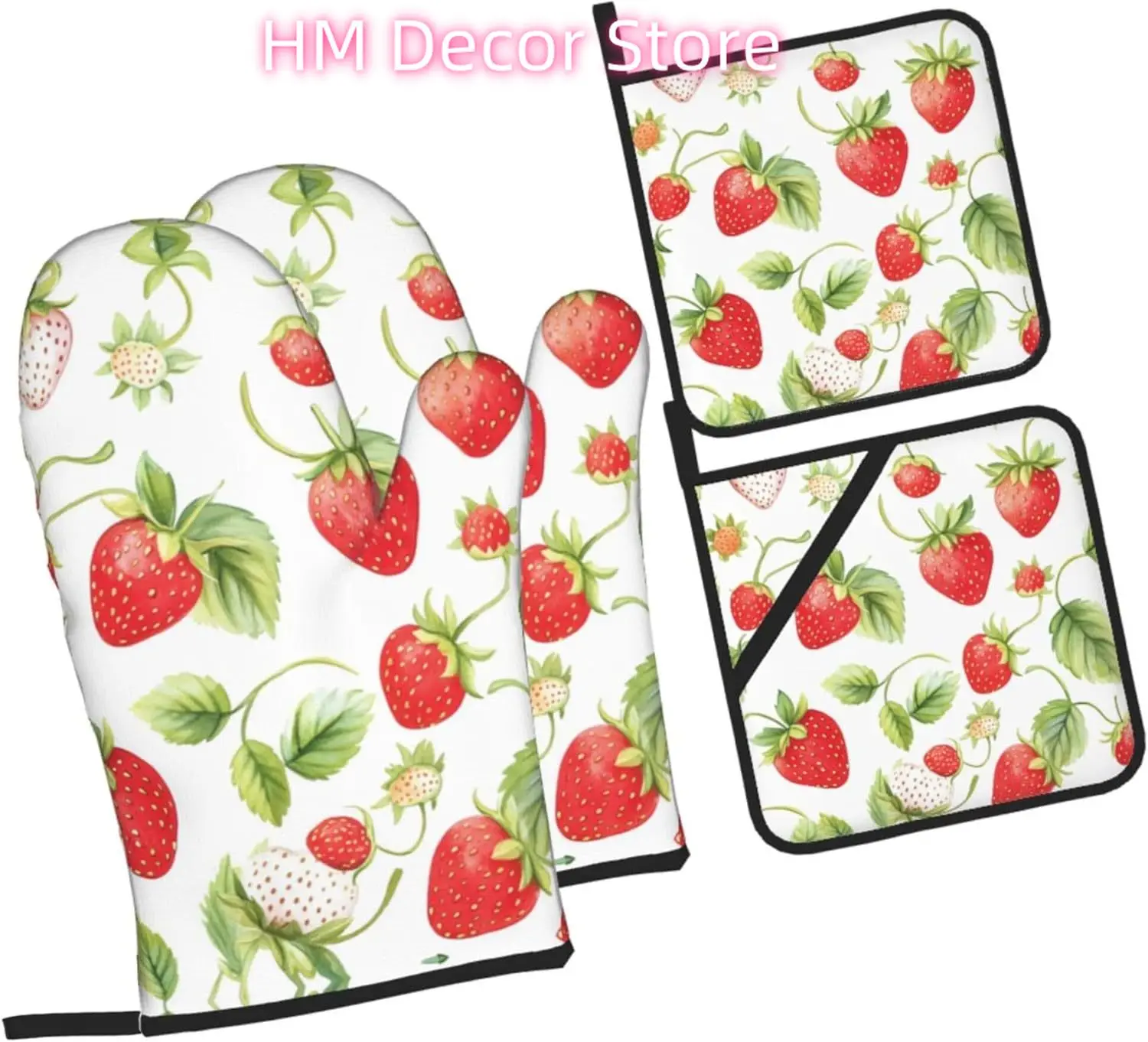 Watercolor Strawberries Oven Mitts and Pot Holders Sets of 4, Spring Country Heat Resistant Oven Mitts,Non-Slip Cooking Gloves f