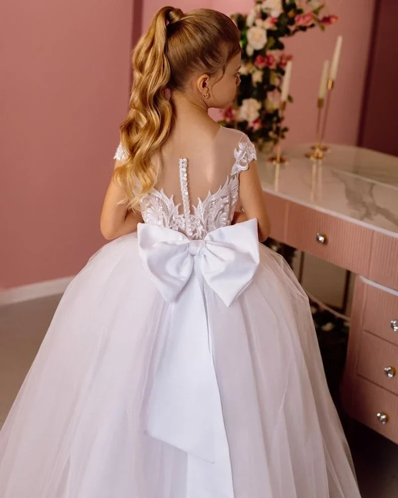 Vestido de niña de flores de encaje para bodas vestido de comunión vestidos largos de tul para niña con lazo vestido de princesa para dama de honor junior