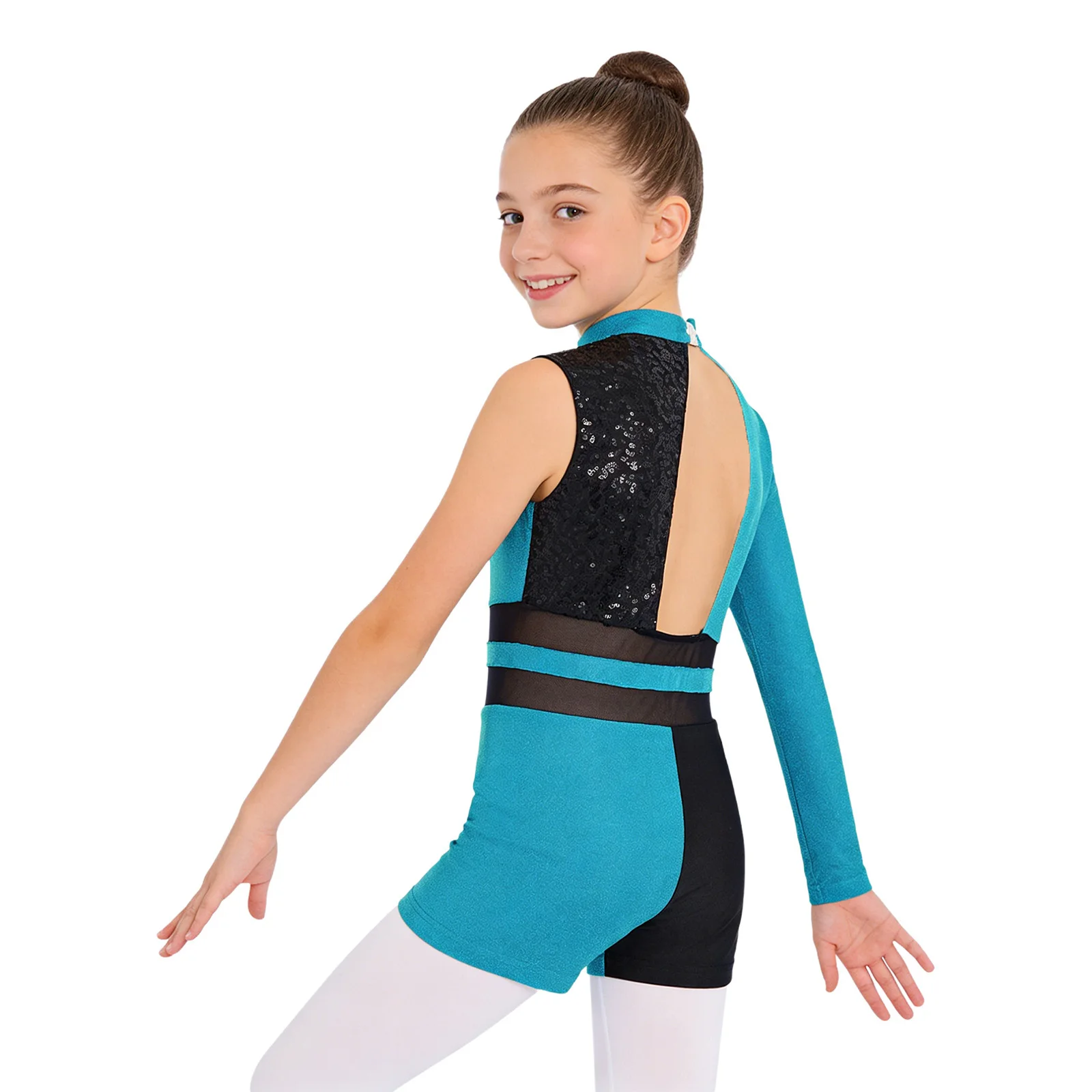 Kids Girls Dance Jumpsuit Cutout Back Glittery Sequins Color Block Patchwork Metallic Asymmetrical Leotard Gymnastics Dancewear
