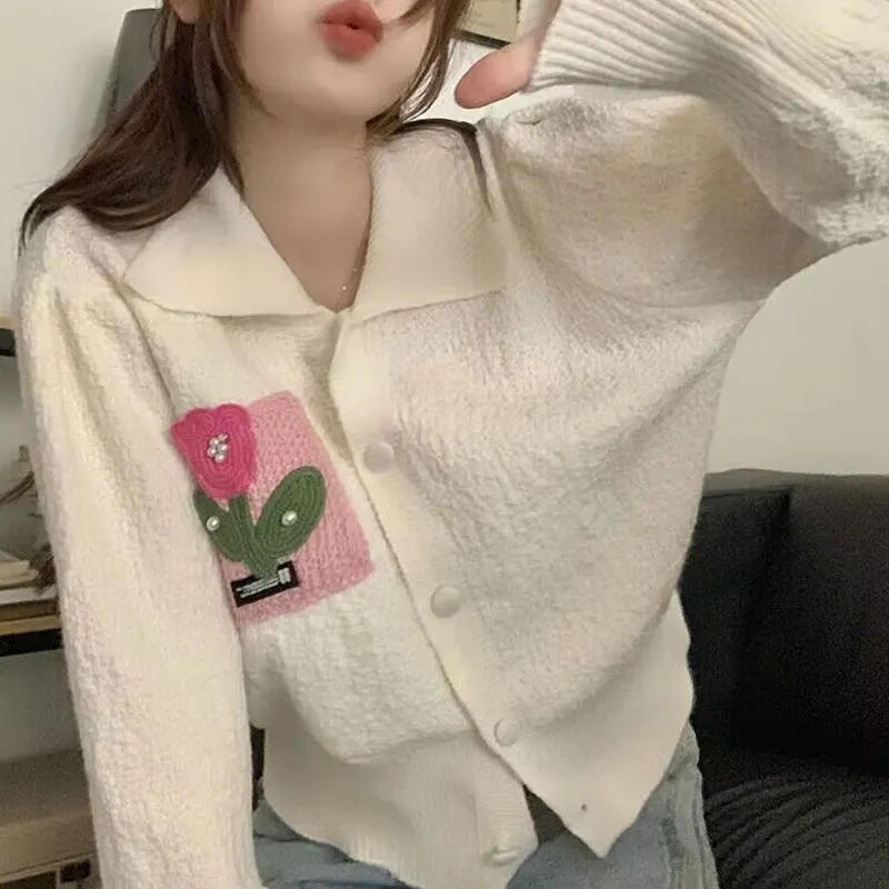 Gentle Turn-down Collar Knitted Cardigan Female Clothing Floral Fashion Beading Spring Autumn Single-breasted Loose Sweaters New