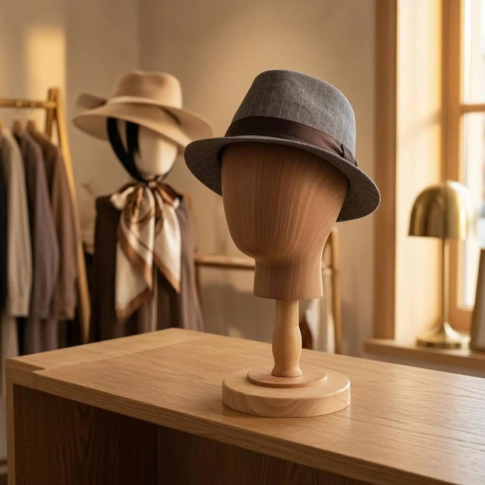 Hat Mannequin Stand Fiberglass-Reinforced Mannequin Head Wooden Base-Grain Finish for Storage