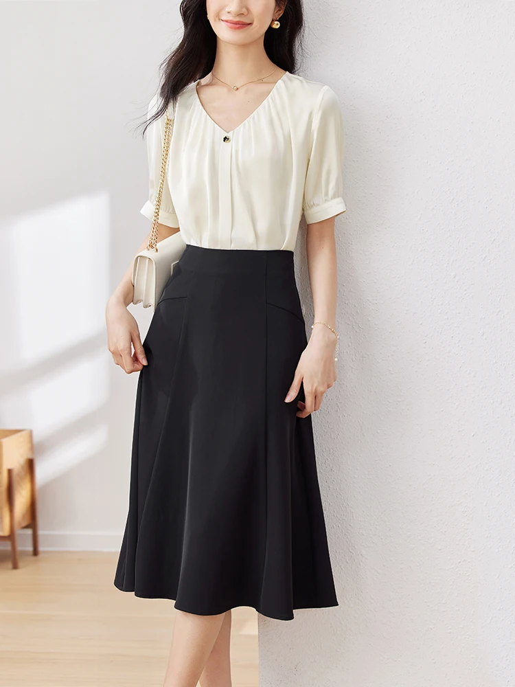 

Business Casual Commute Skirt Set Women's Bubble Sleeve V-Neck Top High Waist A-Line Half Skirt Two-Piece Suit Spring New