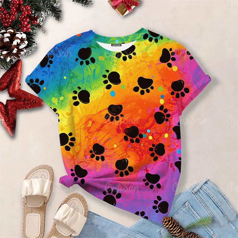 Camiseta feminina de manga curta com pata de gato e cachorro, blusa de cachorro fofa, tops estéticos para meninas, roupas novas da moda verão, 4XL