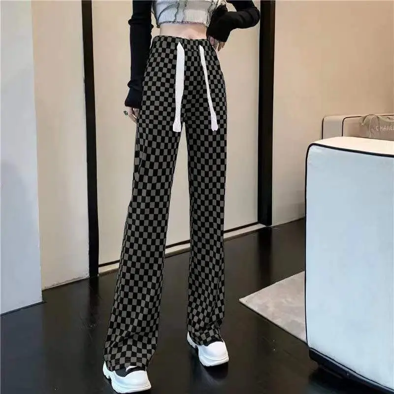 Korean Fashion Women Clothing Loose Straight Pants Summer Streetwear Casual Letter Plaid Elastic Waist Versatile Thin Trousers