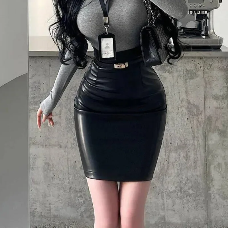Korean Style Pure Desire Sexy OL High Waist Slimming Mid Length PU Leather Bag Hip Skirt With Belt Fashion Women Skirts BB78