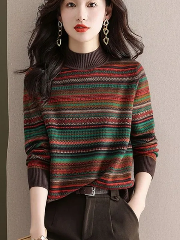 

Женский вязаный свитер в полоску в стиле ретро, осень-зима 2023, новинка Sle f с высоким воротником, мягкий длинный свек, модная внутренняя часть...