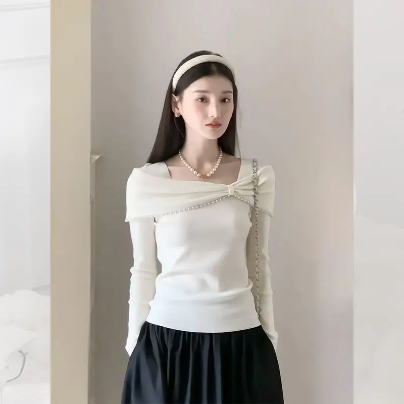 Women's Pink Bow Off Shoulder Long Sleeve Knit Sweater Slim Fit Stretchy Tops Casual Winter Pullover Sexy Basic Blouse