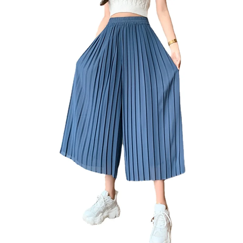 

Summer Pleated Chiffon Wide-leg Pants Women Casual Black Mini Pant Skirts Female High-waist Straight Women's Pant 2023 Versatile