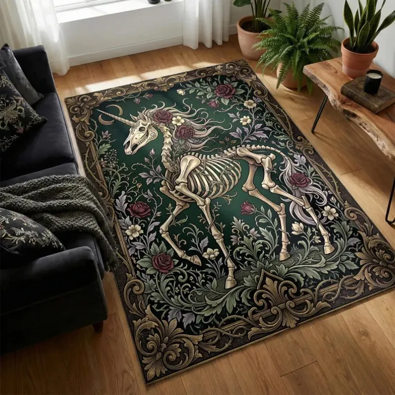 Gothic Skeleton Unicorn Dragon Area Rug Dark Academia Botanical Floral Pattern Carpet for Living Room Bedroom Hallway Floor Mat