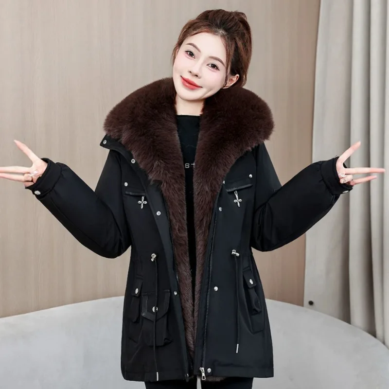 2026 Fashion Big Fur Collar Parkas Women's Winter Cotton-padded Jacket Fleece Thicken Windproof Warm Coats Drawstring Outerwear