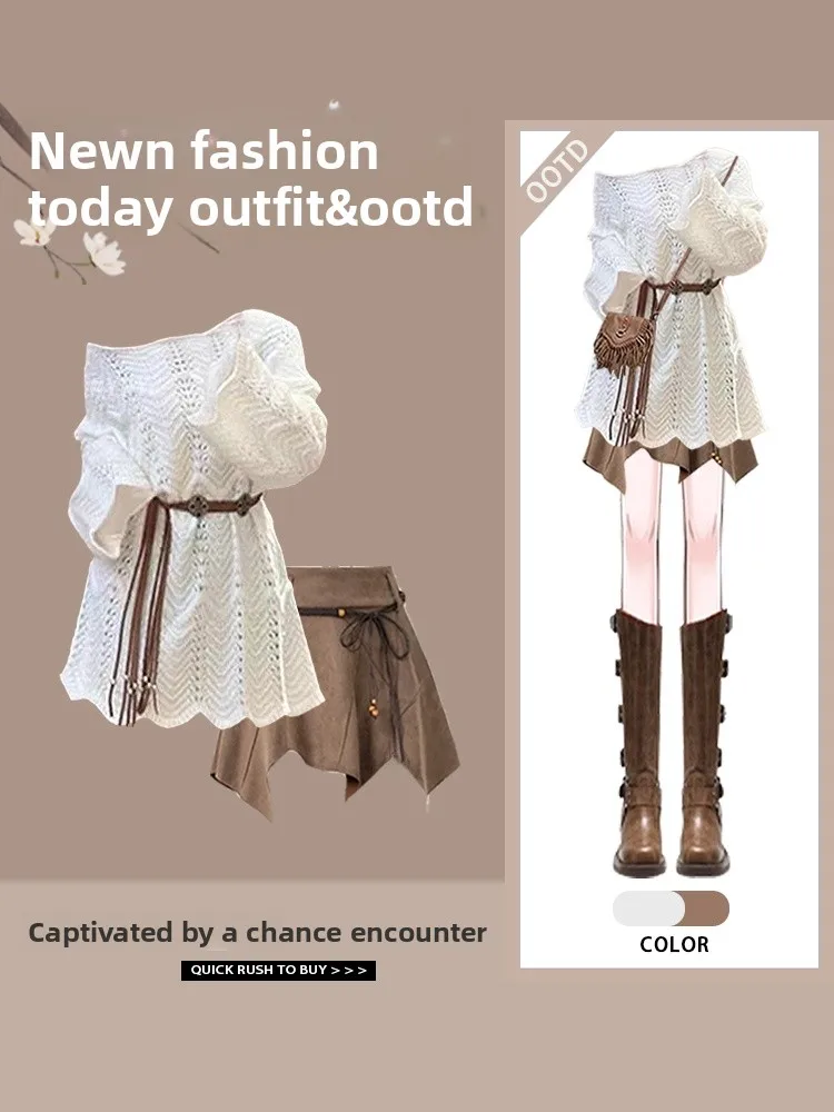 Laid-ba Loose Knitted Sweater ort Sle Two-piece Set Spicy Girl Spring 2025 New Arrival Polyester Fiber Long Sve roun...