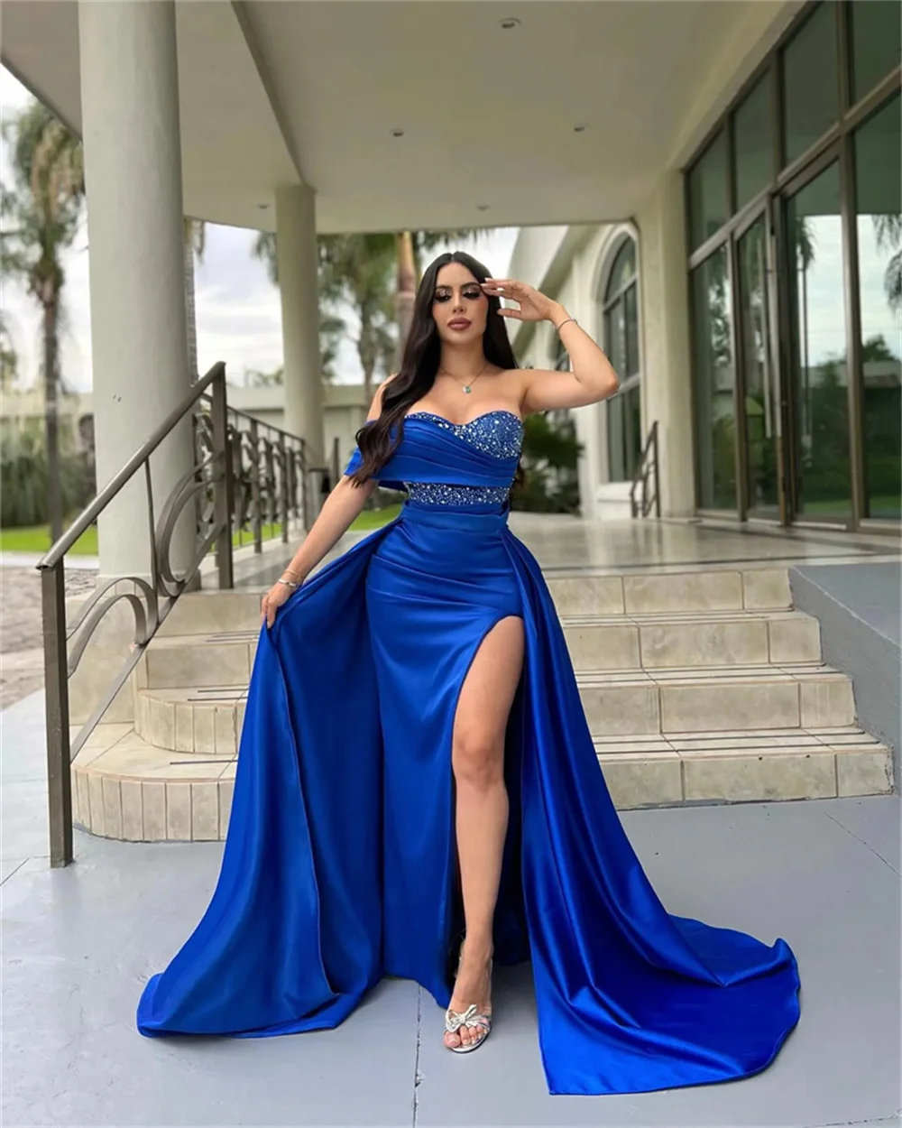 Cathy Navy Blue Satin Prom Dresses Strapless Mermaid vestidos de noche Elegant Sleeveless Sexy Side Split Formal Evening 2024