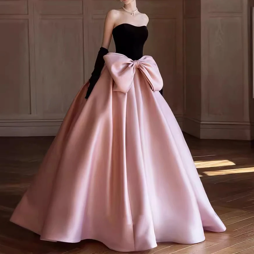 

Women Evening Dress Bow Light Luxury Niche French Black Pink Patchwork Engagement Banquet Host Birthday Party Bride Toast Dress