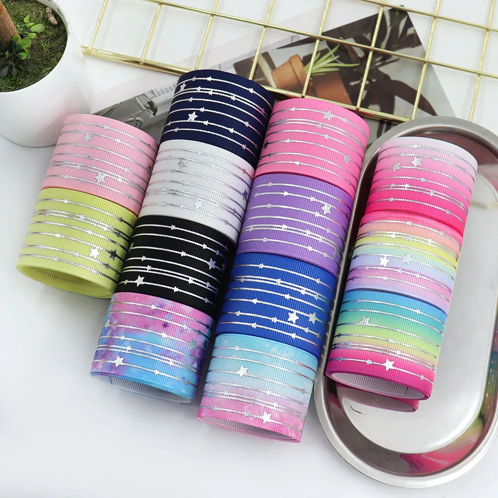 Silver Stripe Star Rainbow Gradient Soft Colors Grosgrain Fabric Ribbon 5 Yards Butterfly Ribbon for Sewing Hair Bow Clips