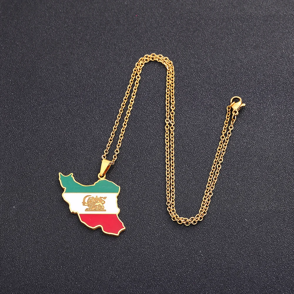 Fashion Enamel Iran Map Flag Pendant Necklaces Iranian Stainless Steel Jewelry for Women Men Girls Party Birthday Gifts