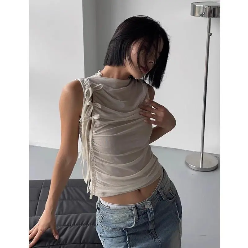 Yedinas Streetwear Folds Tank Tops Women Lace Up Sleeveless Tshirts Korean Fashion Chic 2024 Summer Mesh Tops Casual Tanks Y2k