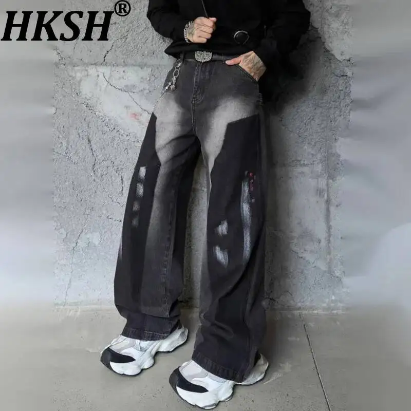 HKSH Spring Autumn New Men Tide Chic Ins Retro Y2K High Street Ink Splash Graffiti Jeans Versatile Straight Denim Pants HK19272