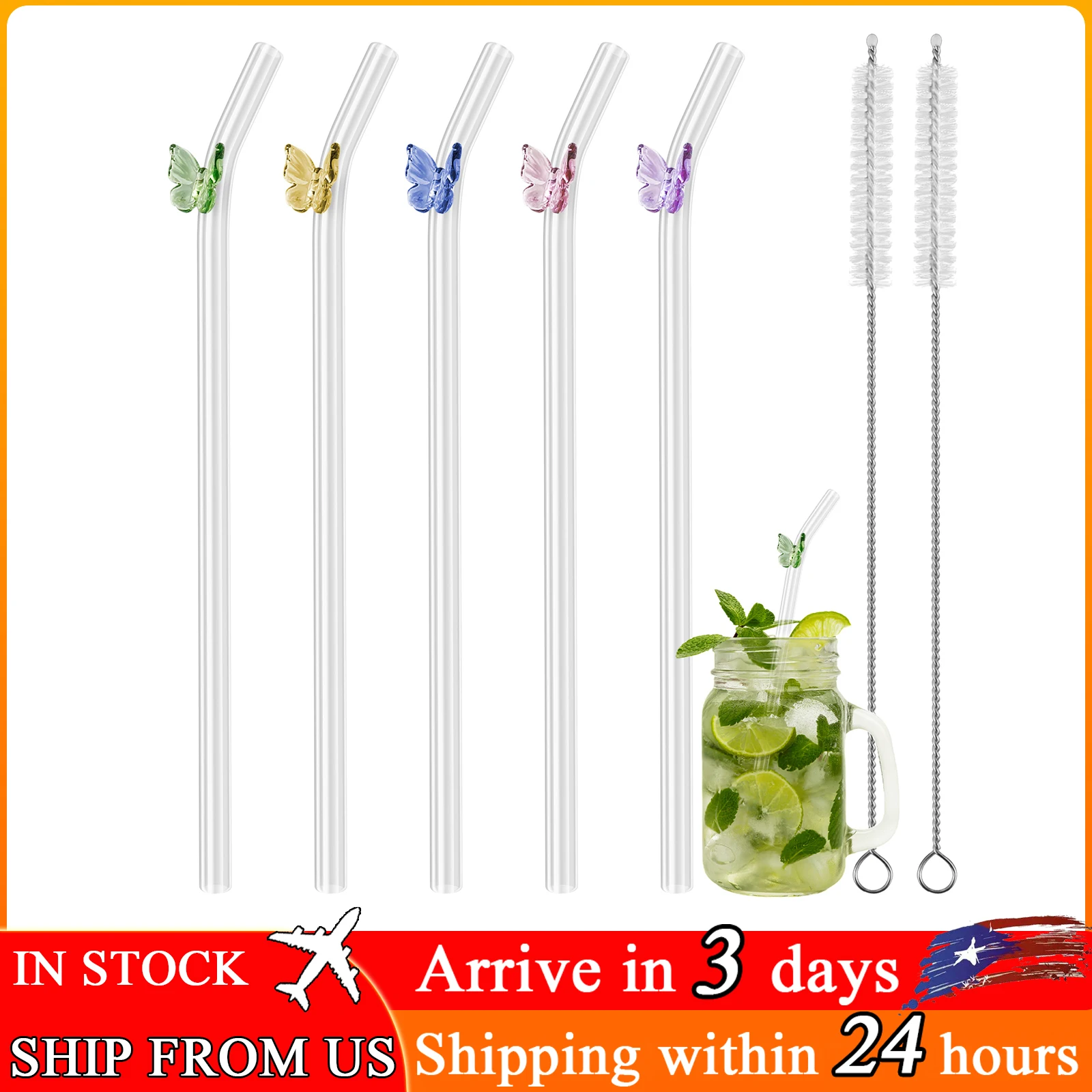 

Drinking Straws Clear Glass Drinking Staws with Cleaning Brush Butterfly Mushroom Straws Heat-Resistant Smoothie Straws