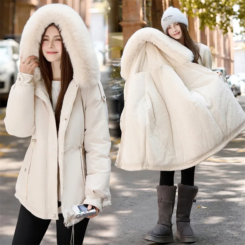 Winter Jacket 2026 New Women Parka Clothes Mid Length Coat Wool Liner Hooded Jacket Fur Collar Thick Warm Snow Wear Padded Parka