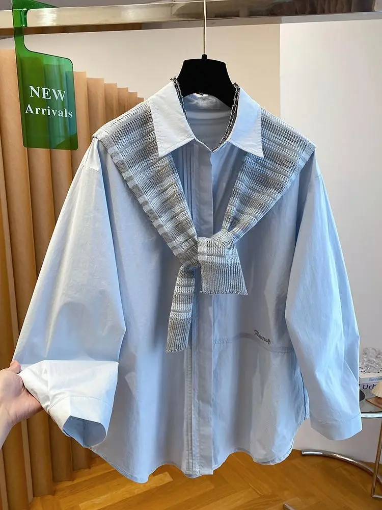 

SuperAen Blue Striped Shawl Solid Color Shirts Two-piece Sets Women 2026 New Spring Sweet Loose Casual Tops