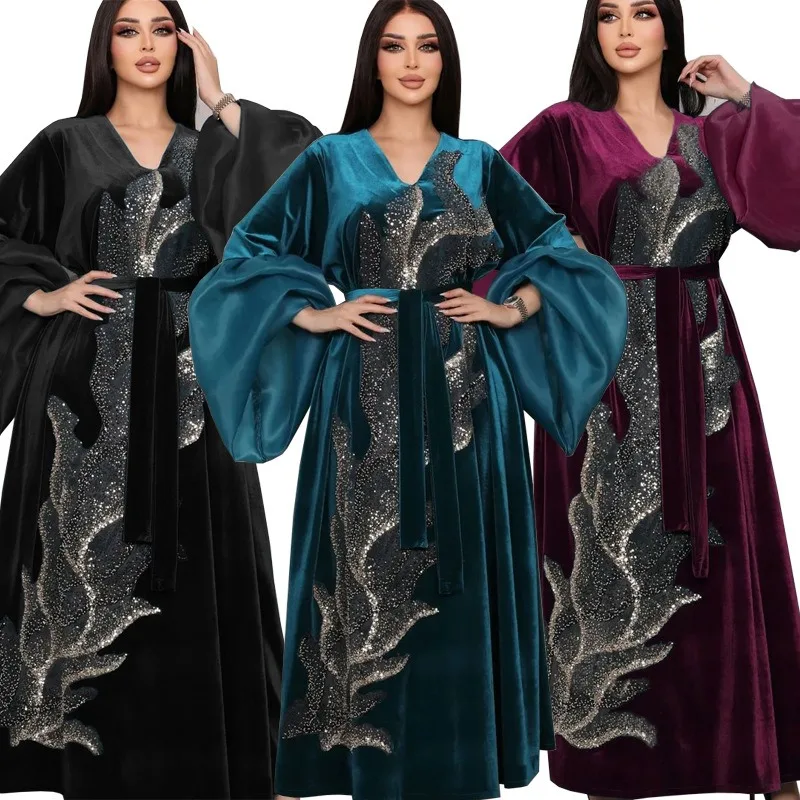 

Middle East Muslim Autumn and Winter New Robe Pleuche Dress Three-Dimensional Sequin Embroider Puff Sleeve abayat abaya