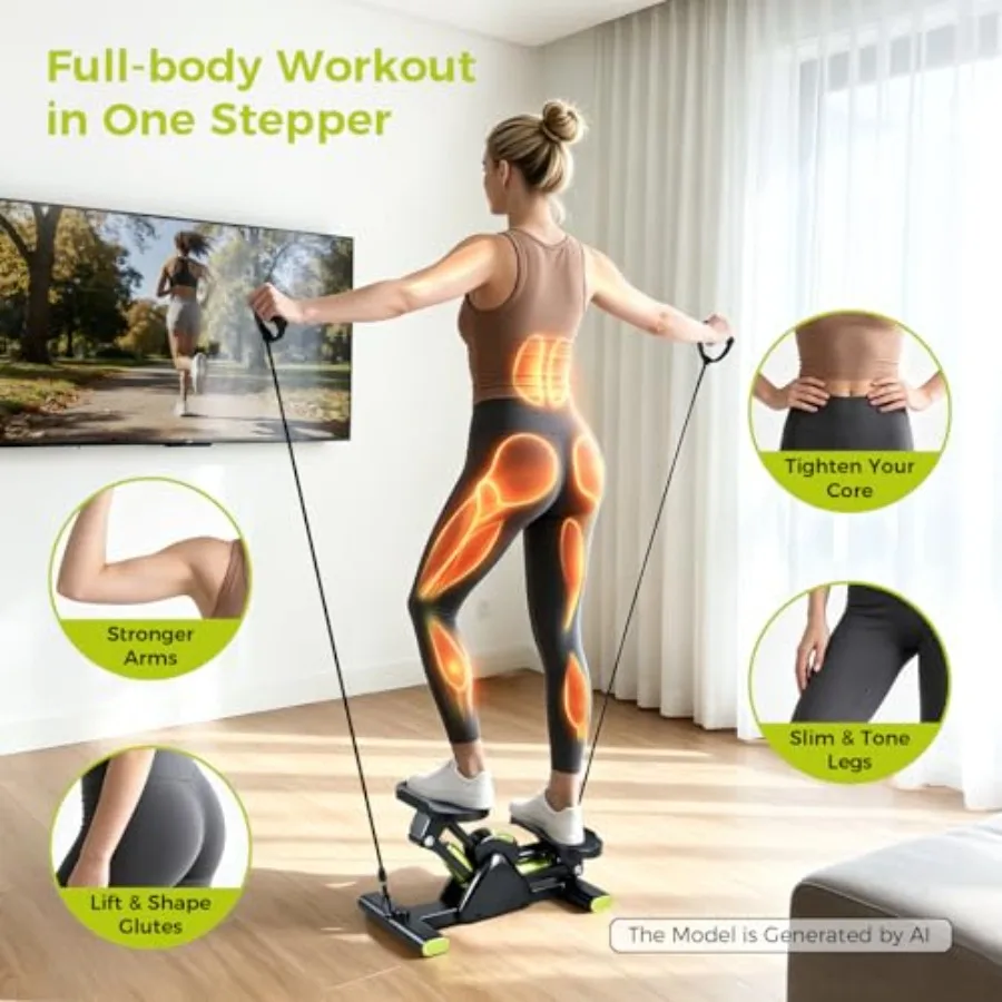 Home office workout: hydraulic lateral stepper with resistance bands, quiet stable low-impact design, black steel frame, smooth