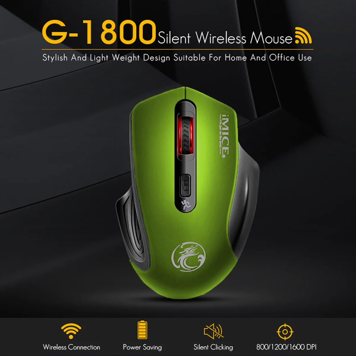 IMICE G-1800 2.4G USB Green Wireless Mouse Business Office  4 Button Gaming Mouse Sound off Adjustable Sensitivity