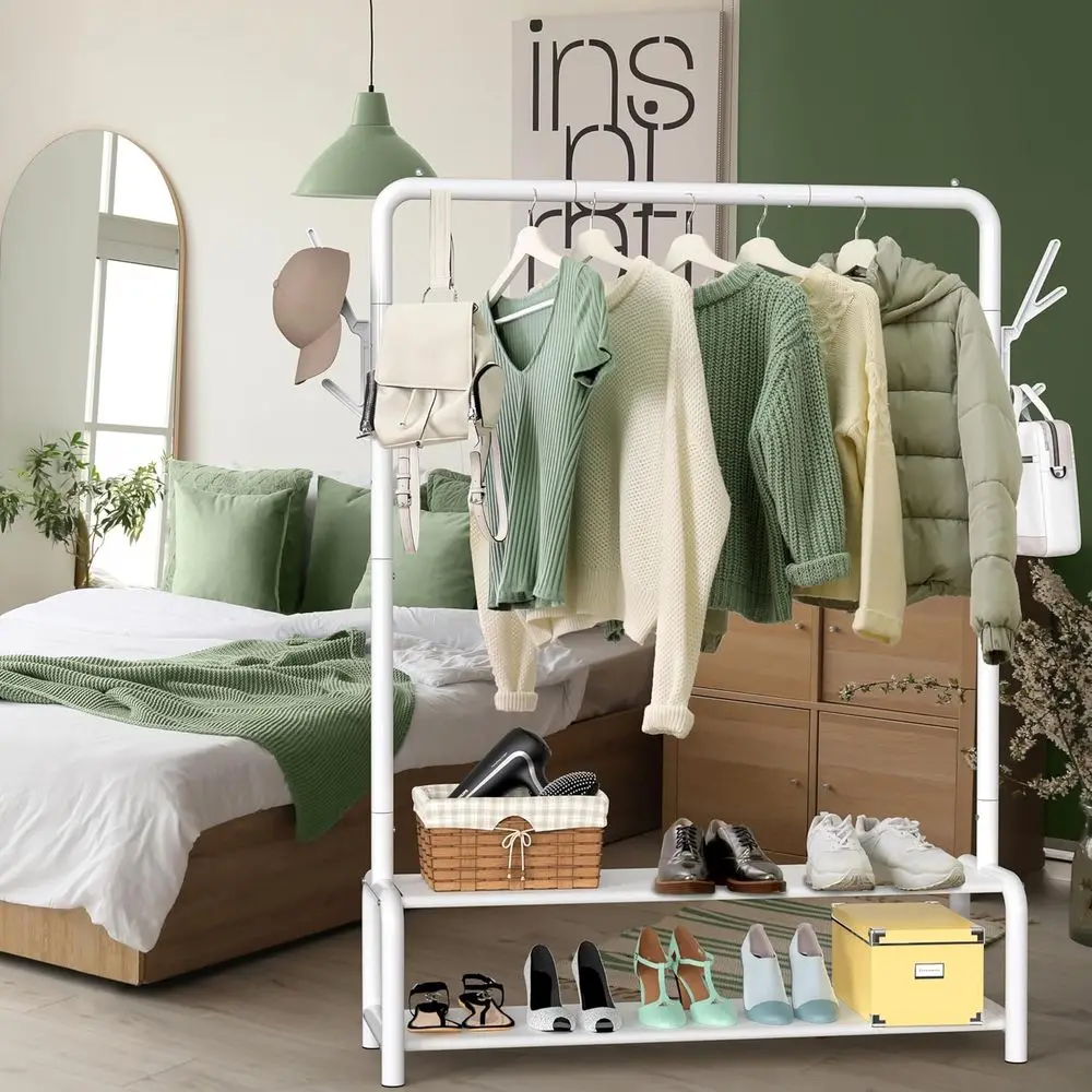 Cabideiro de Chão de 52 Polegadas com Prateleiras de Armazenamento e Ganchos para Casacos/Chapéus, Branco