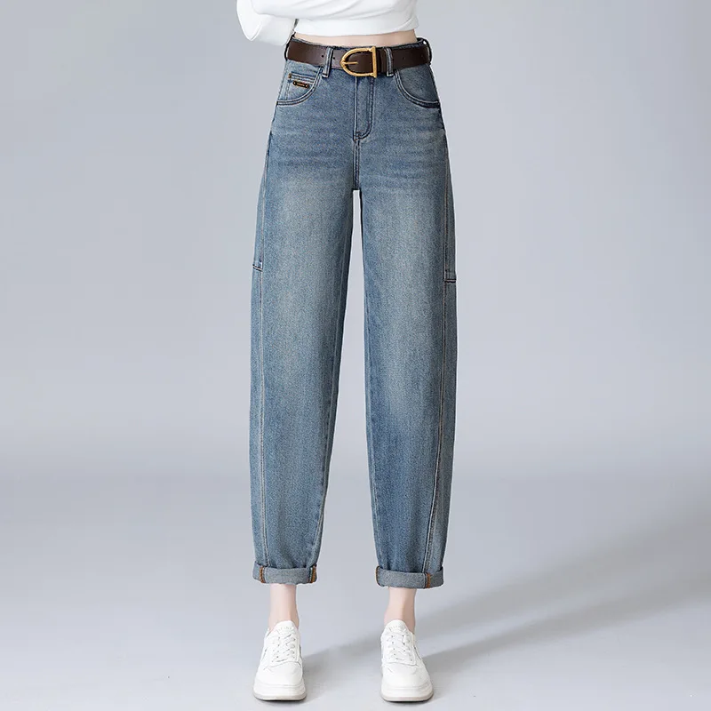 جينز مريح للنساء، سروال حريم خريفي، خصر عالي، تنحيف، مقاس فضفاض، جينز للأب