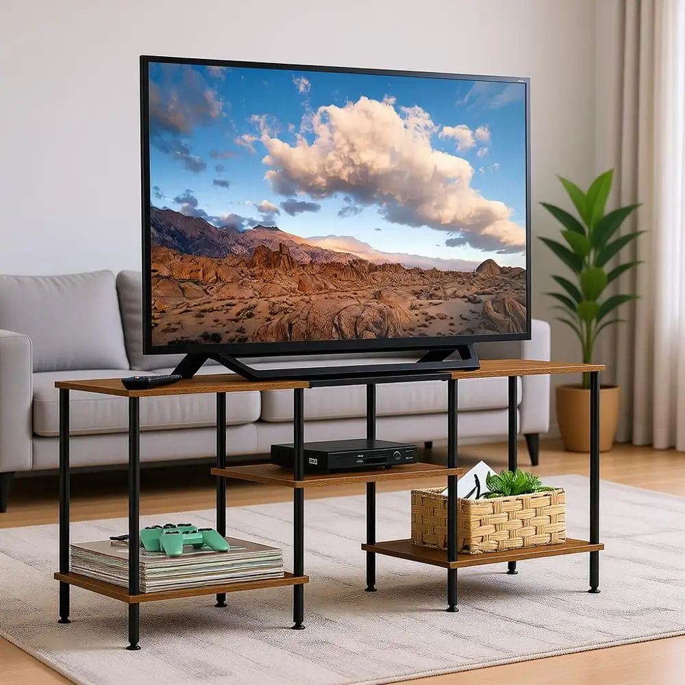 

Rustic 45 TV Stand with Open Shelves and Metal Tube Frame for Living Room or Bedroom
